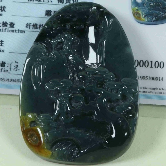 Cert'd Dark Green Natural A JADE jadeite Carved 2-sided Pendant Old pine - Picture 1 of 11